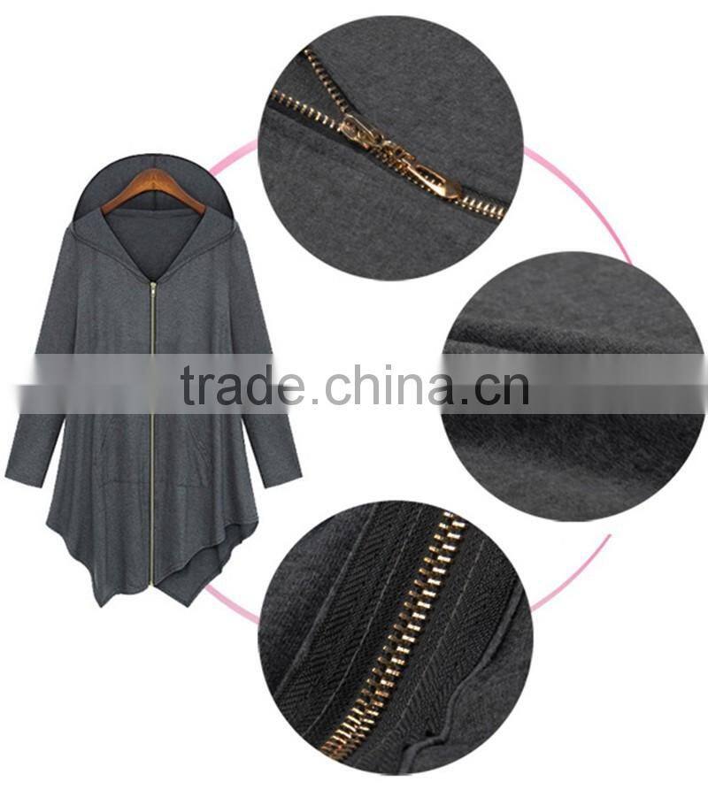 Cotton Trench Coat Women Autumn Winter Hoodied Overcoat Female Zipper irregularity Cardigans Grey Black Color Plus Size