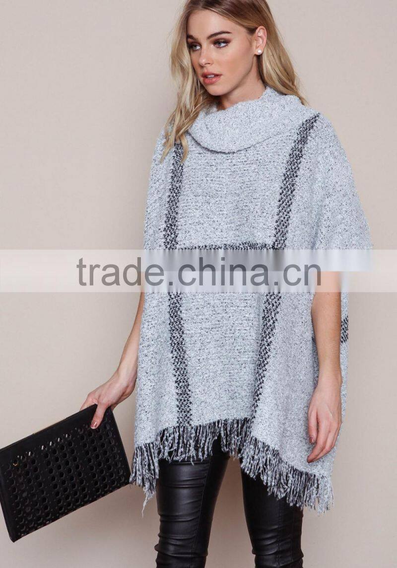 MGOO New Fashion Plaid Pullover Tops Grey Knit Mohair Fringe Poncho Women Winter Popular Clothes