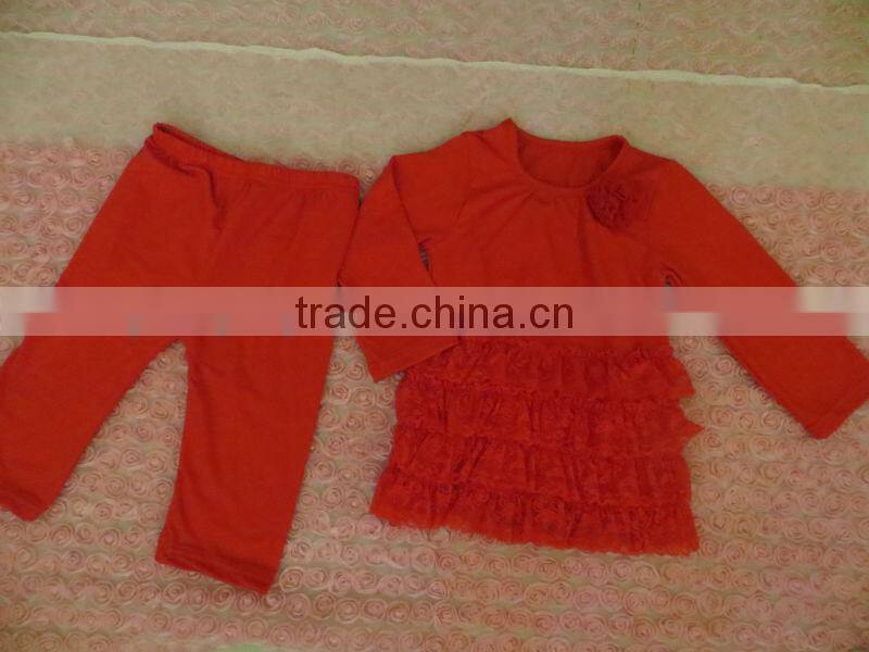 Hot Sale Children's Christmas Clothing Boutique Toddler Girls Red Long Sleeves Shirt with Stripe Ruffled Pant Outfit Sets