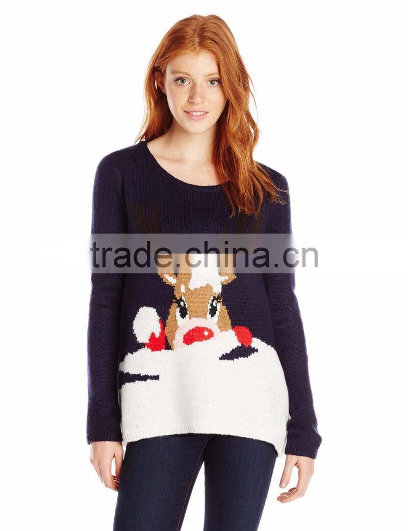 Women Deep Blue Sweater Dancing Little Reindeer Head Pattern Christmas Sweater Knitting Patterns