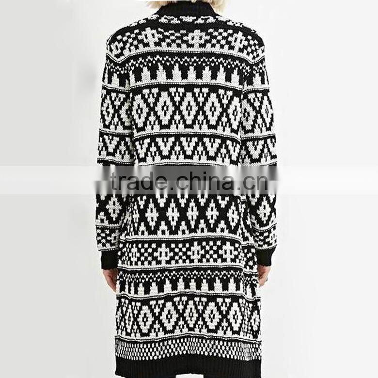 geo-patterned front open long sweater no button cardigan with long sleeves