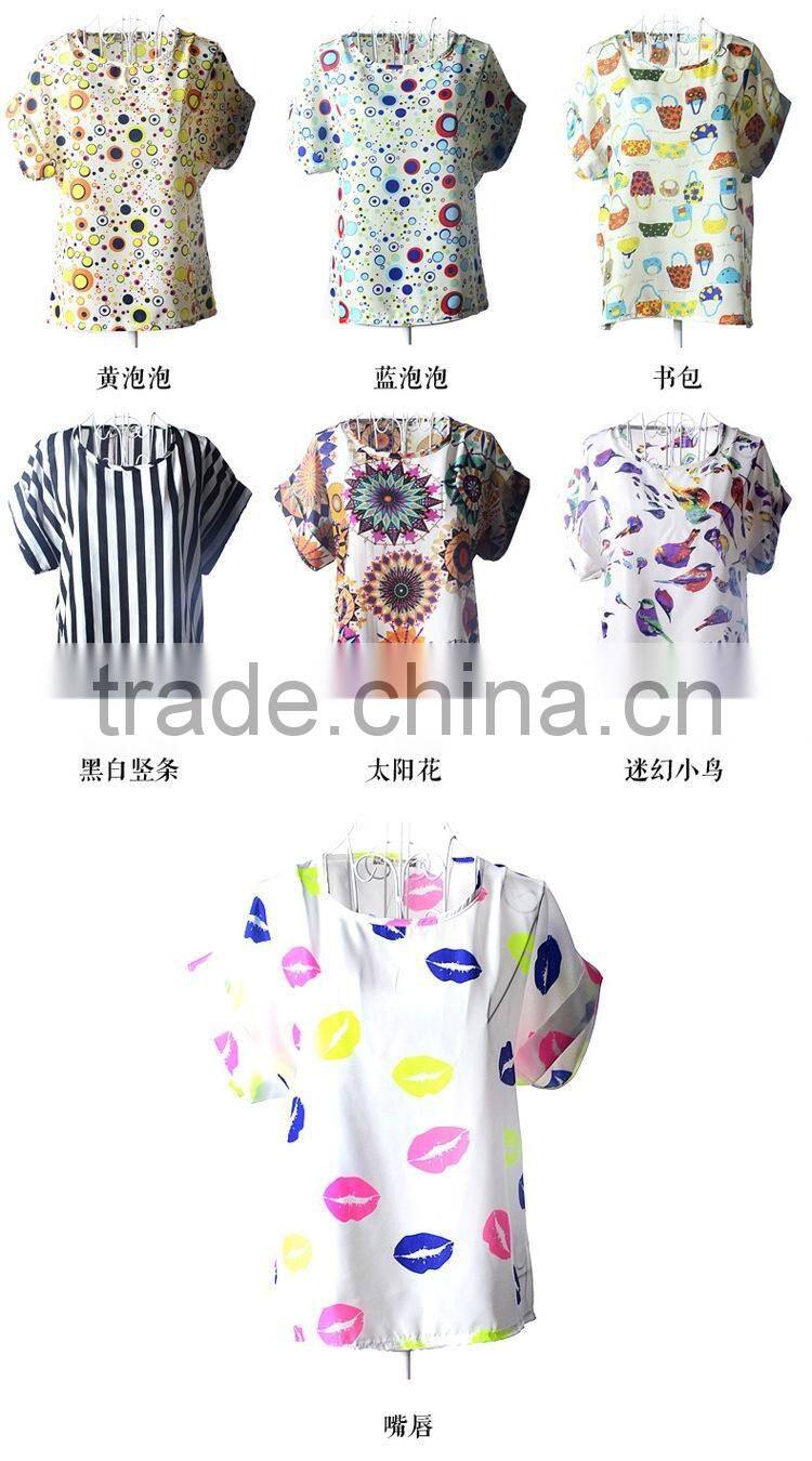 Hot Sale European style plus size batwing sleeves printing Chiffon Blouse shirt for women , Casual Chiffon Blouse &tops