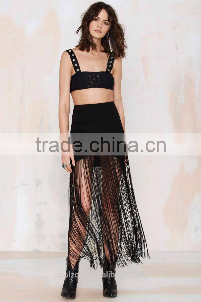 New design fashion with belts around asymmetrical fringe long skirt