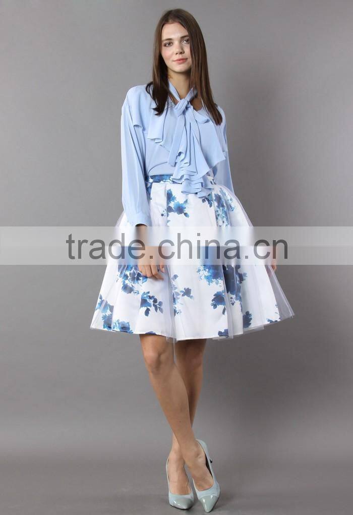2016 Guangzhou Shandao OEM/ODM Custom Design Elegant Women Short A Line Ruffle Cotton Flower Printed Skirts