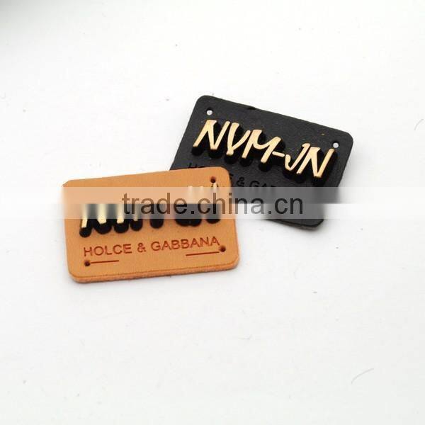 Black/brown PU leather sew on patches with matt bronze brush metal plates clothing label for jeans/jacket PLB-006