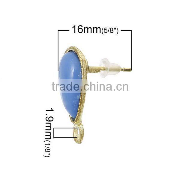 Earring Findings Ear Studs Teardrop Light Golden Blue Acrylic Rhinestone & Loop 19.5mm x 16mm,10 Pairs