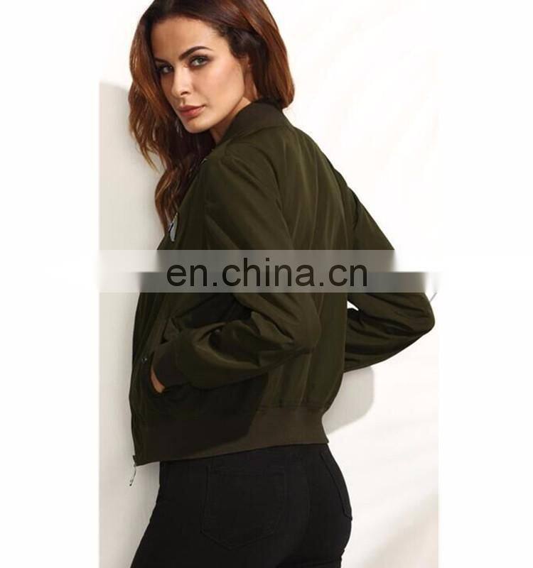 Fashion Army green applique long sleeve biker jacket women