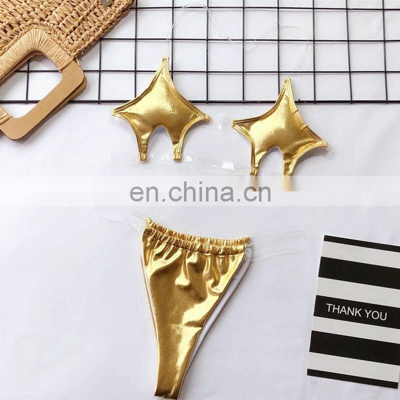 Sexy Brazilian Bikini Pentagram Shaped Transparent Stretch Band micro mini thong Neon Green Swimsuit Bathing Suit Two Piece