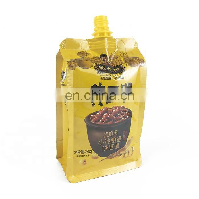 custom aluminum foil food condiment packing liquid flat bottom stand up spout pouch for hot sauce
