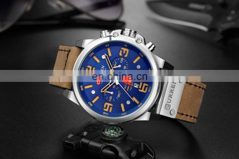 CURREN Mens Watches Top Luxury Brand Waterproof Sport Wrist Watch Chronograph Quartz Military Genuine Leather Relogio Masculino