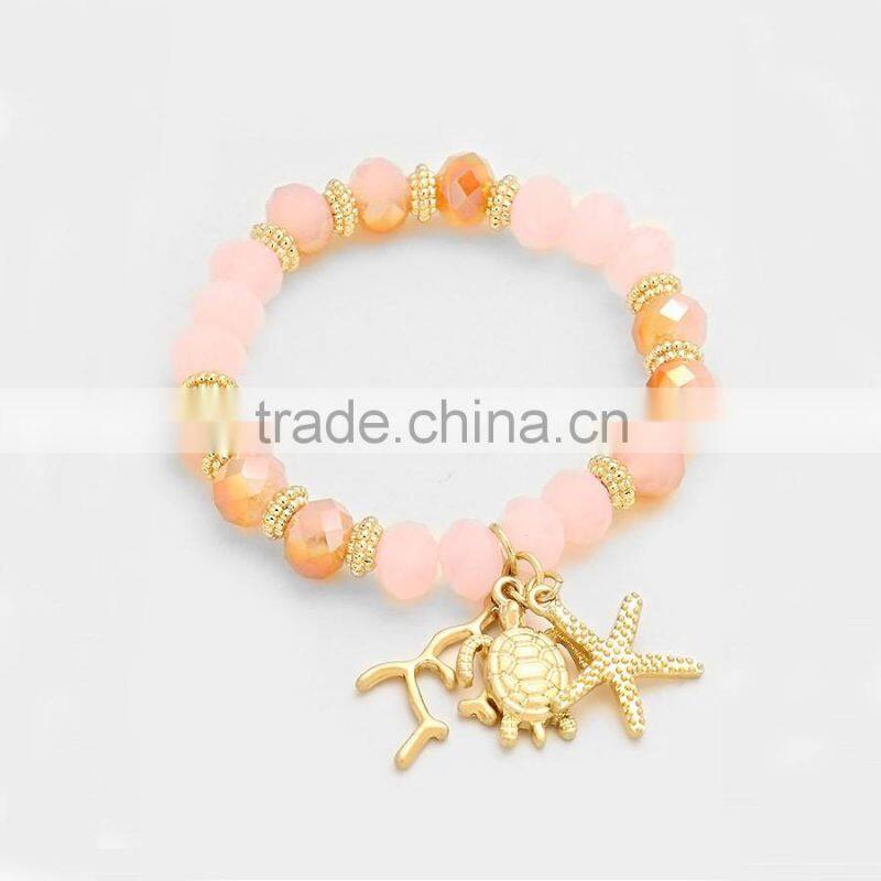 Metal Starfish and Turtle Charm Beaded Stretch Bracelet Sea Life Jewelry