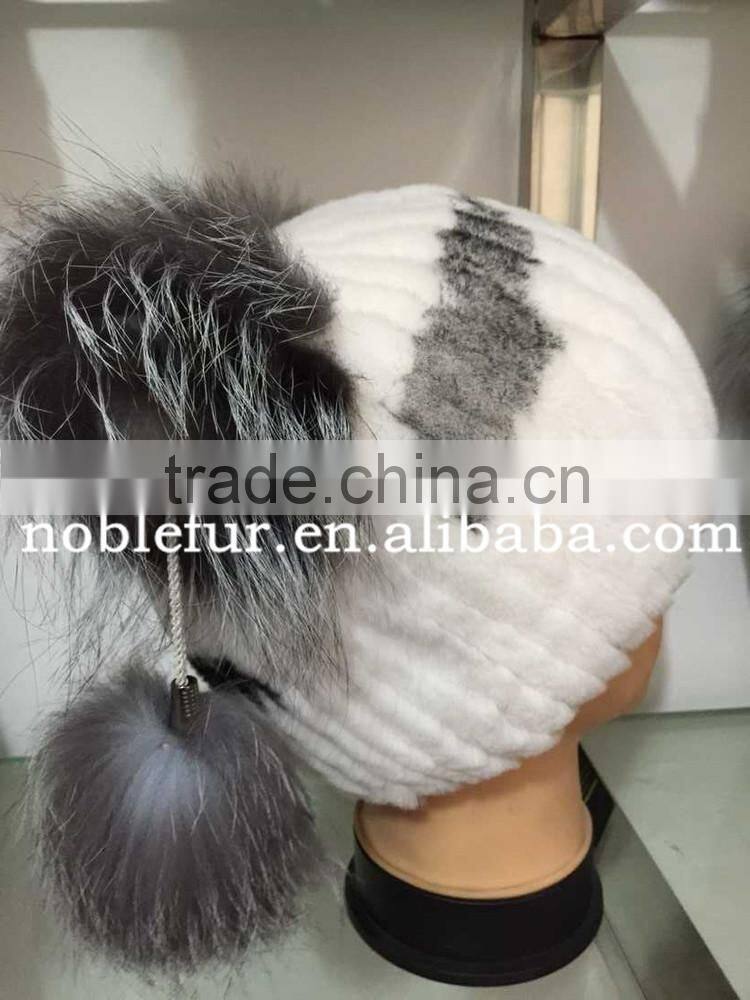 cute rabbit fur with silver fox fur winter pompom headwear for young girls