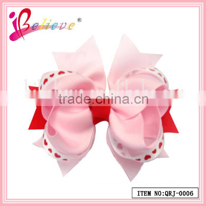 New arrival latest design wholesale red ribbon bow fashion hair clip with heart for girls (QRJ-0008)