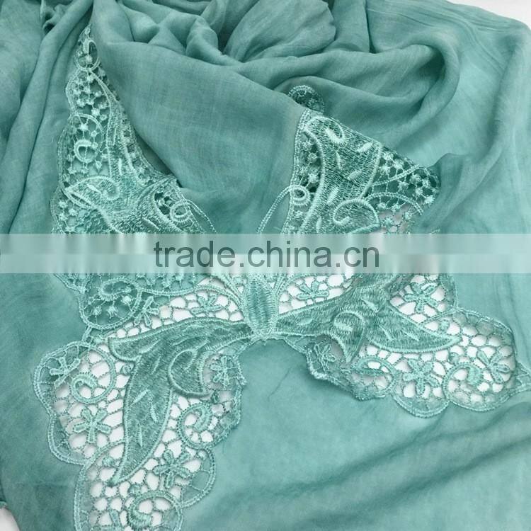 2016 Latest Charm Beautiful Hollow Out Butterfly Embroidery Plain Cotton Linen Scarf