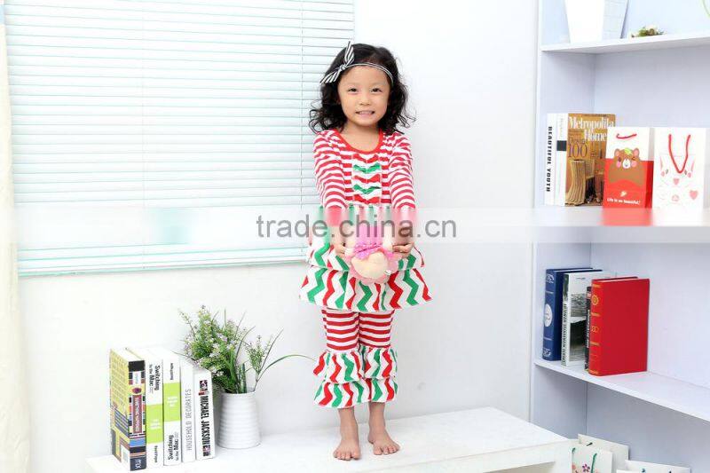 Lovely Girl Boutique Stripe Long Sleeve Baby Ruffle Top and Pant Outfits Wholesale Children Clothing Set 2016