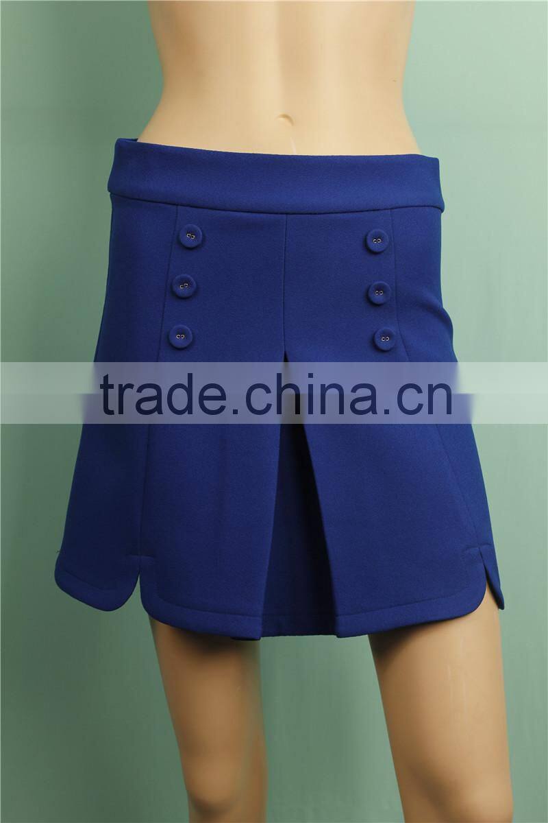 2016 A/W pleated covered button short woven fabric lady skirts