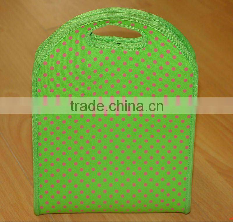 2016 Latest Design Neoprene Green Kids Insulated Lunch Bag,with cute small red dots printing