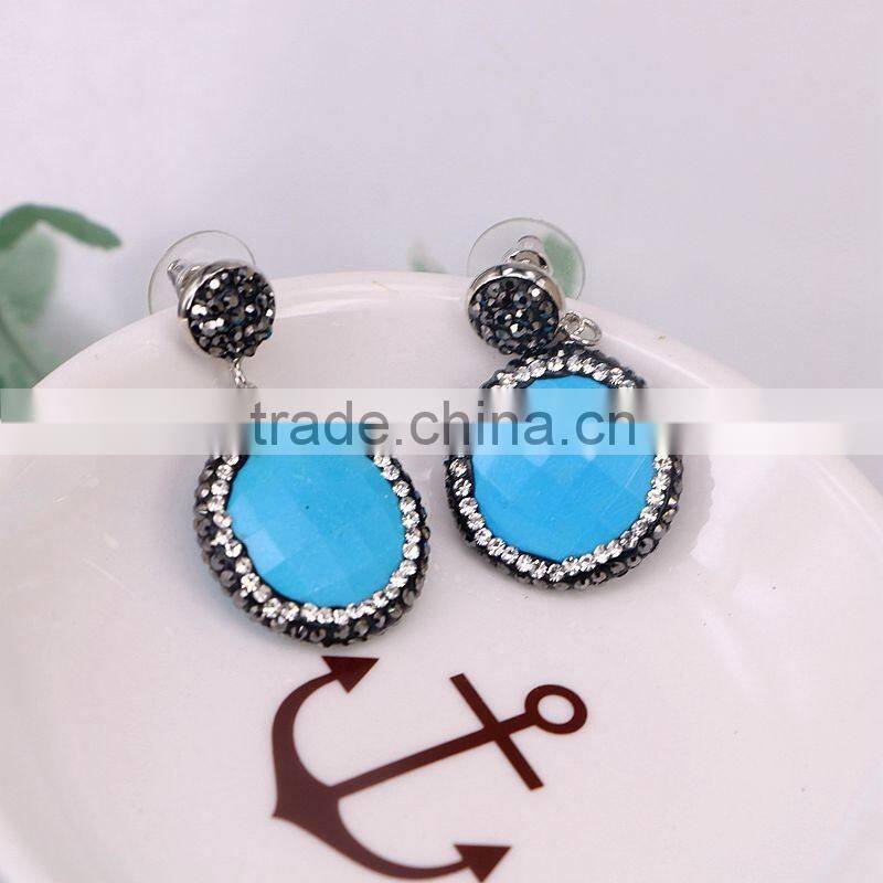 Natural Amethyst Amazon Turquoise Agate Labradorite Stone Earring, Round shape Pave Crystal Zircon Jewelry Stud Earring