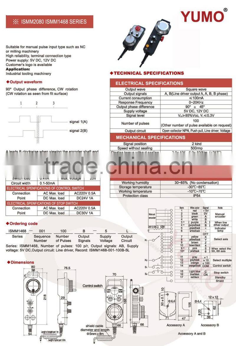 YUMO ISMM1468-001-100B-5L 100pulses industrial tooling machinery hand manual rotary encoder for CNC machine tool