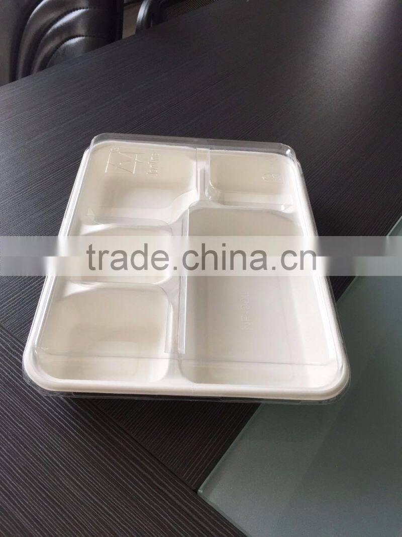 Sugarcane bagasse 5-compartment food container with PET lids