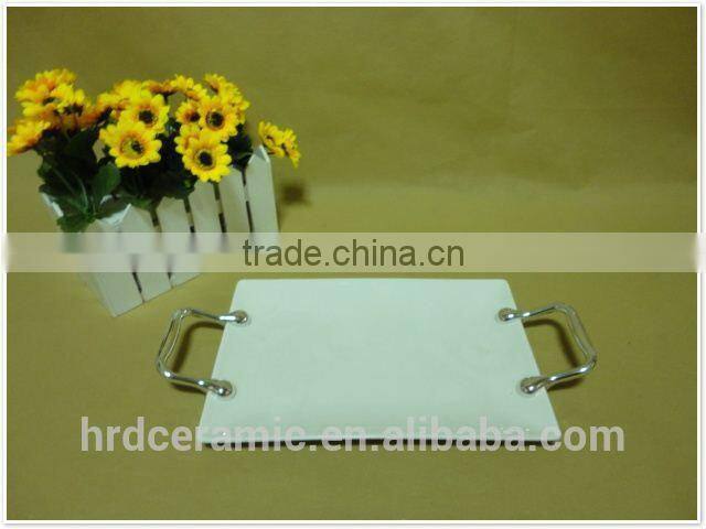 Rectangle stock Ceramic Bake Plate with Handle in Solid Color