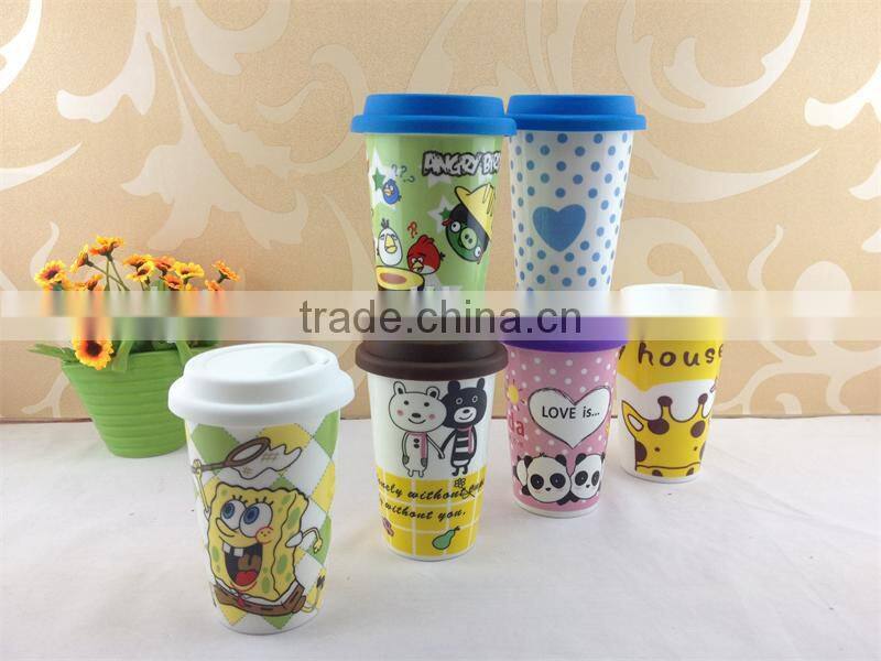 ceramic mug cup with silicone lid with funny cartoon painted