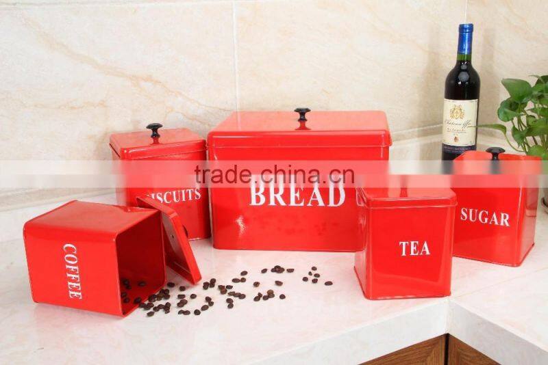 Set of 5 Household Square Metal Storage Canisters Bread Box Coffee Tea Biscuit Sugar Tin Jar