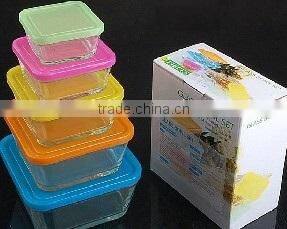 engraved square glass bowl set,high quality 5pcs glass bowl with lid,glassware set