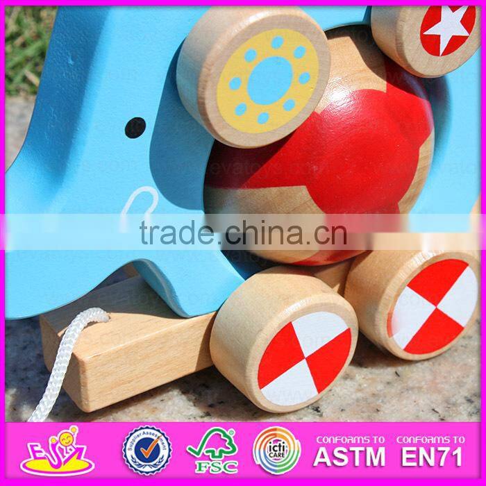 Top grade hot sale wooden toy pull cart for kids,Elephant design wooden string cart pull back toy car W05B075-A2