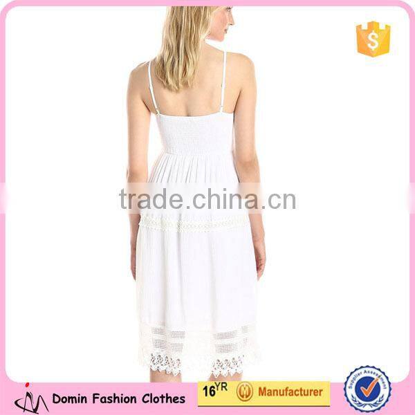 Women's Sweetheart Neckline and Crochet Insets Strappy Embroidered Cutwork Hem Midi Dress