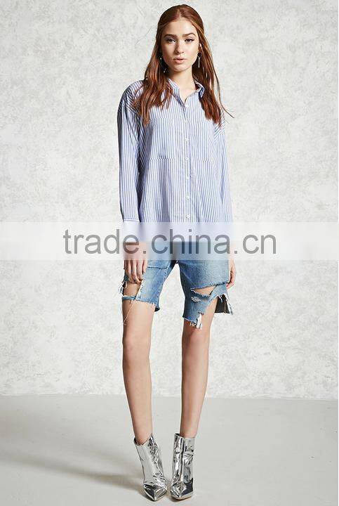 Woman long sleeve striped button down basic collar curved hem cotton blouse