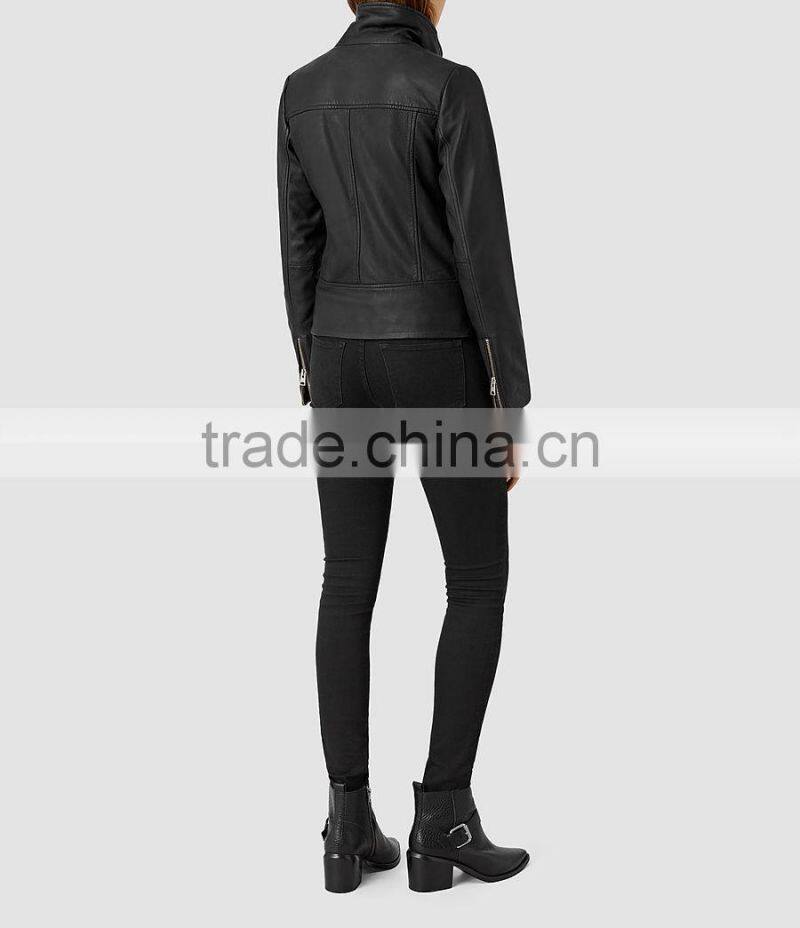 Fashion double buckle high collar asmmetric zip fastening faux PU leather winter biker jacket women