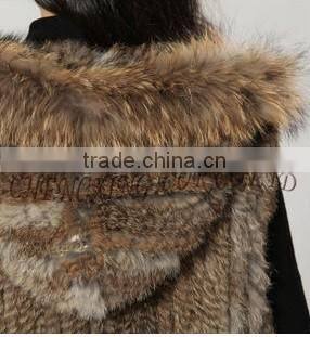 CX-G-B-216 New Style Short Raccoon Fur Trim Knitted Rabbit Fur Coat Hood