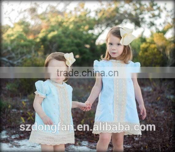2017 Boutique Girl Clothing Baby Kids Princess Blue Lace Cap Sleeve Cotton Dress