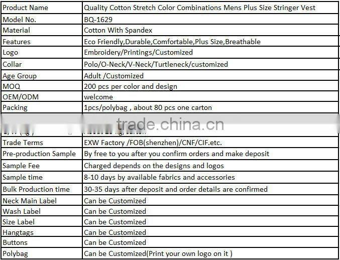 Quality Cotton Stretch Color Combinations Mens Plus Size Stringer Vest
