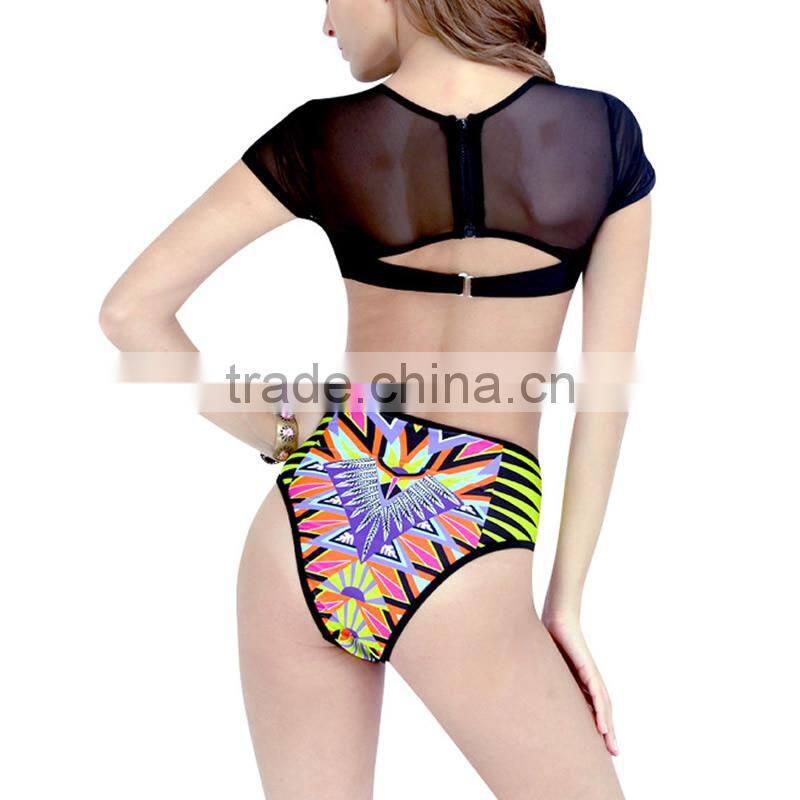 Nylon High Waist Bikini flexible backless two piece transparent padded printed patchwork Sold By Set