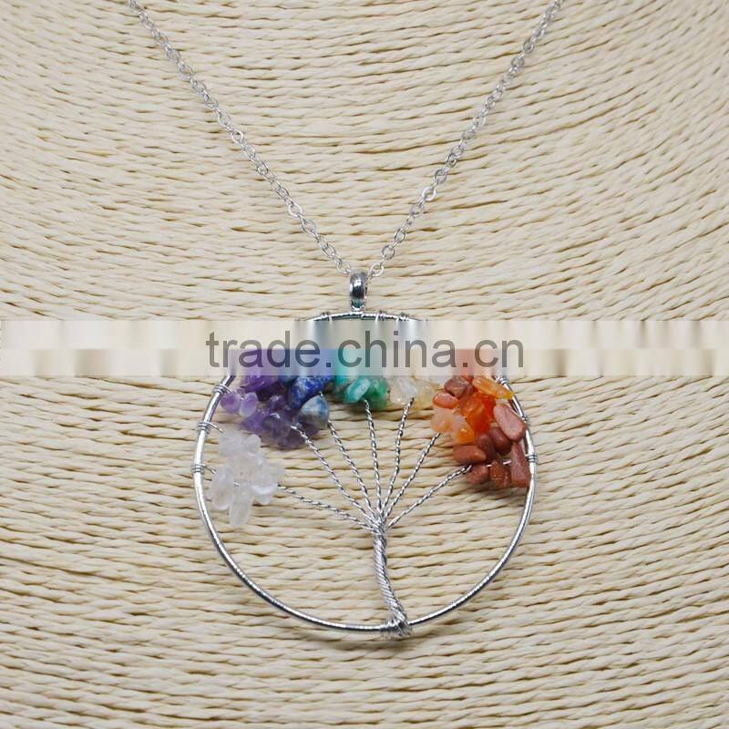 Natural Amethyst Reiki Chakra Tree of Life Crystal Wire Wrapped Pendant Necklace