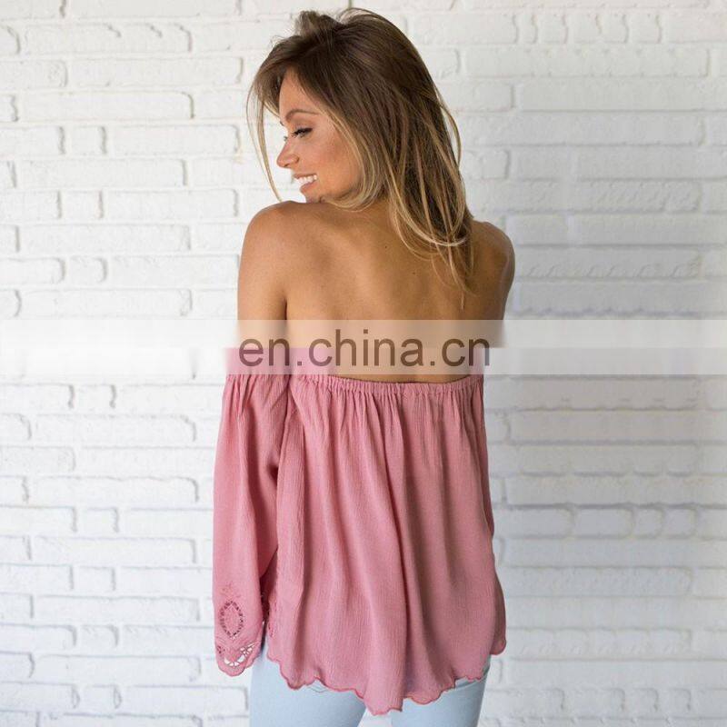 Off Shoulder Elegant Scallop Crochet Blouse with Long Sleeve