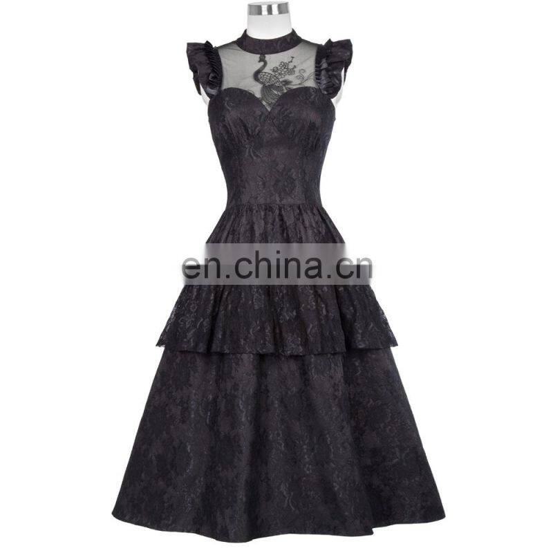 Belle Poque Retro Vintage Cap Sleeve High-Neck Sheer Bodice Black Lace Swing Dress BP000380-1
