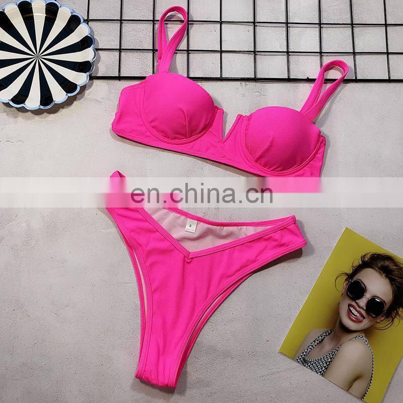 Neon Green V-bar Underwire Bikini 2019 Female Swimsuit Women Swimwear Two-piece V Shape Wire Bikini Set Bather Bathing Suit