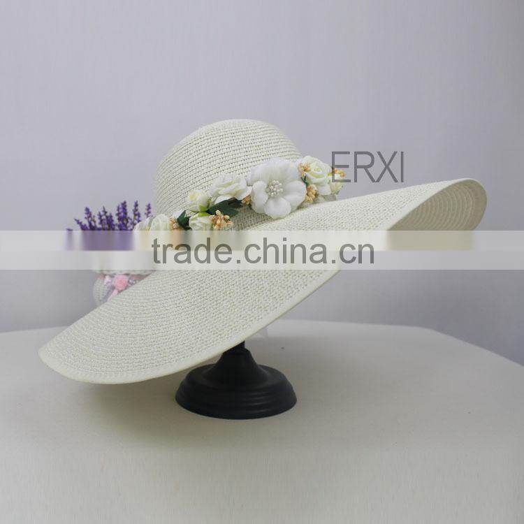 Wholesale Alibaba Laidies Design Summer Paper Straw Panama Hat With Flower Garland