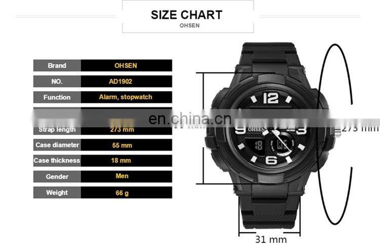 OHSEN AD1902 Men Analog Digital Watches Silicone Strap Chronograph Stopwatch Water resist Sport Watch