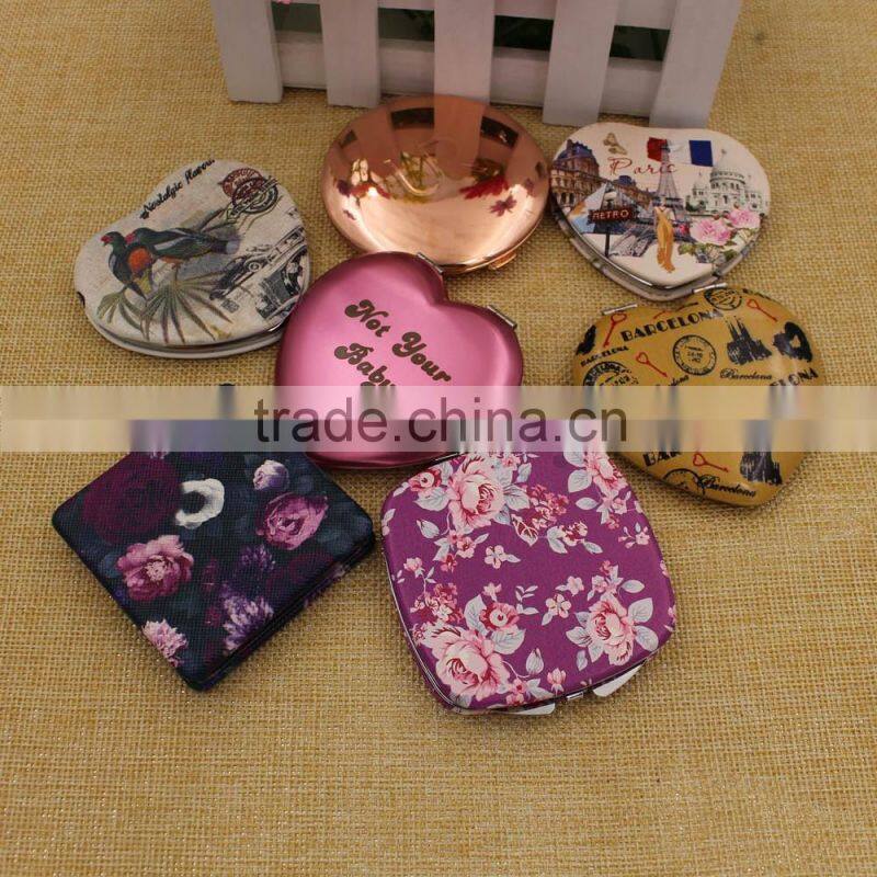Custom cheap heart pu leather compact mirror / mirror pocket / makeup mirror