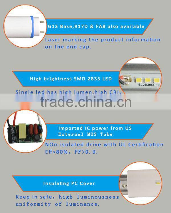 Ra>80 130LM/W 300 beam angle LED Lamp T8 4foot 16W 18W 20W