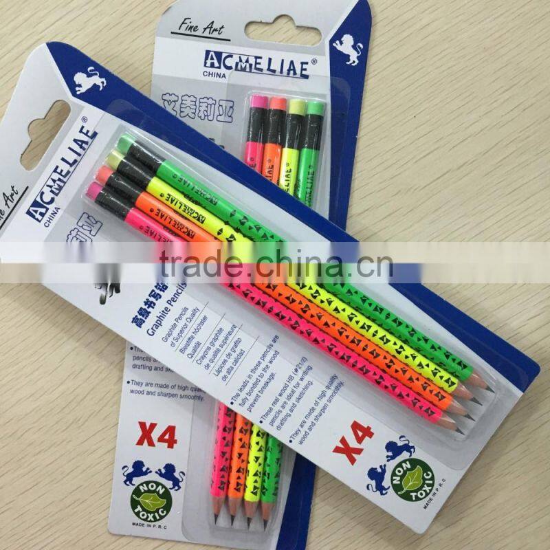 Standard size round shape neon color body soft wood blister card HB pencil with heat rolling logo