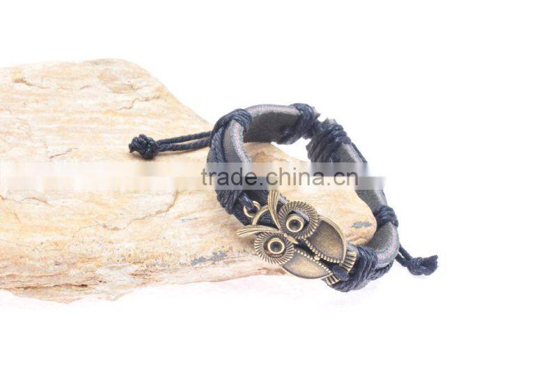 Genuine Leather Bracelet with Antique Brass Cartoon Owl Accessory.