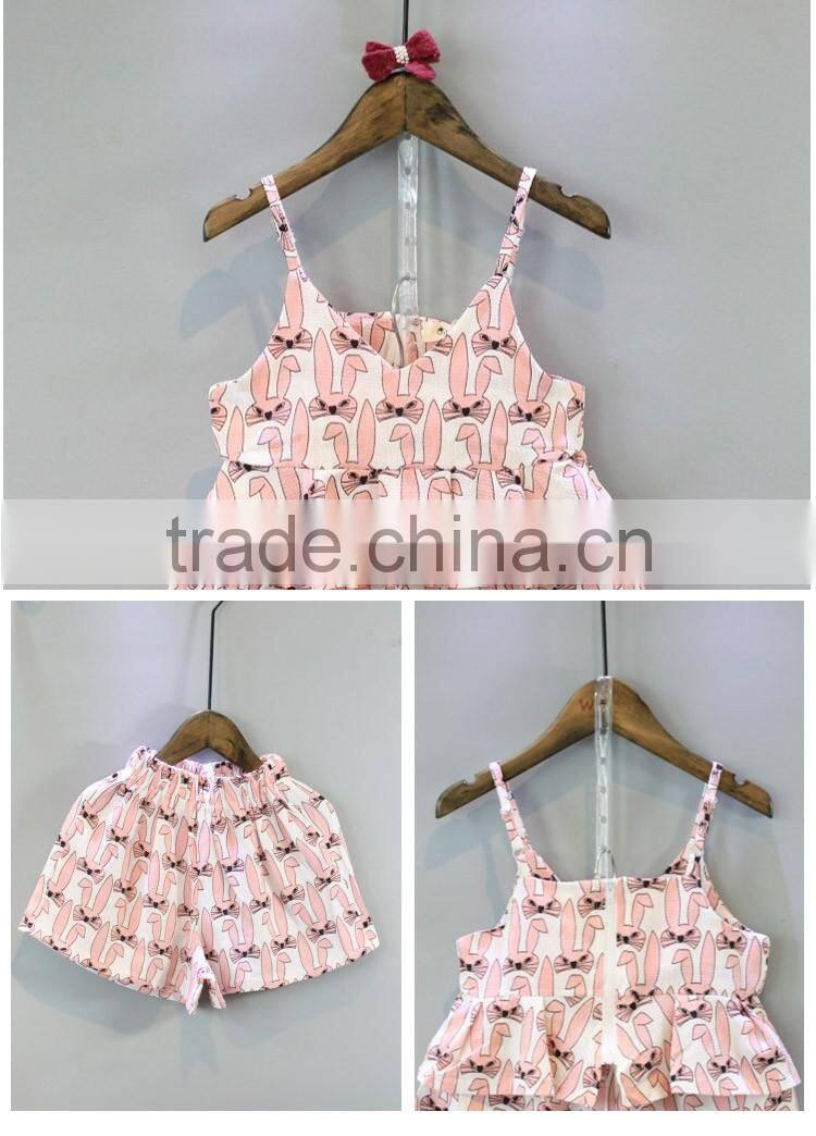 New Design Kids Cartoon Printed V-neck Vest and Short Pants Suit, Clothing Set for Girl