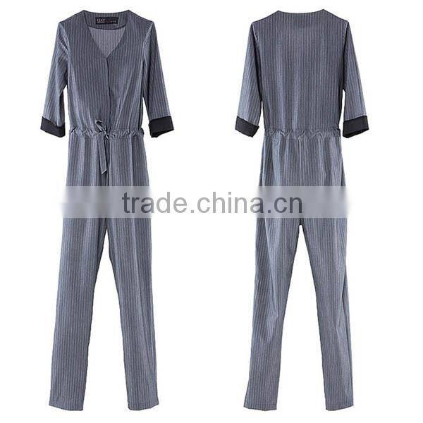 Women's V Neck Long Pants Jumpsuit Overall with Waist Rope L1271
