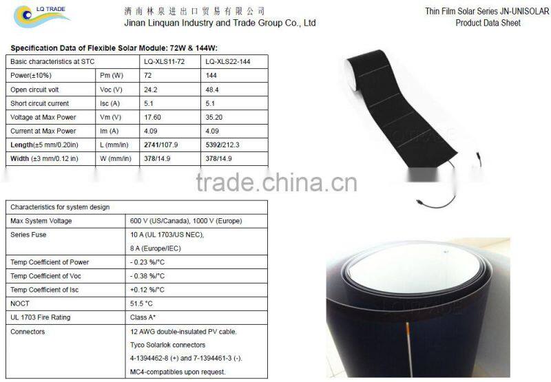 72 watt Flexible Laminated Solar Module