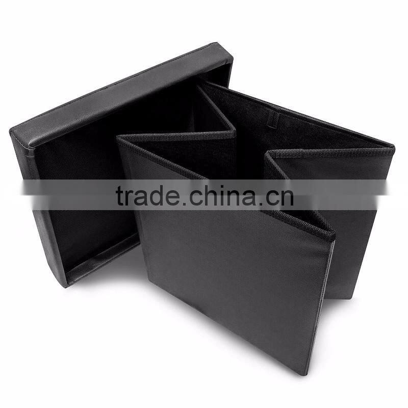Foldable Storage Ottoman - Contemporary Faux Leather Ottoman with Cover, Black